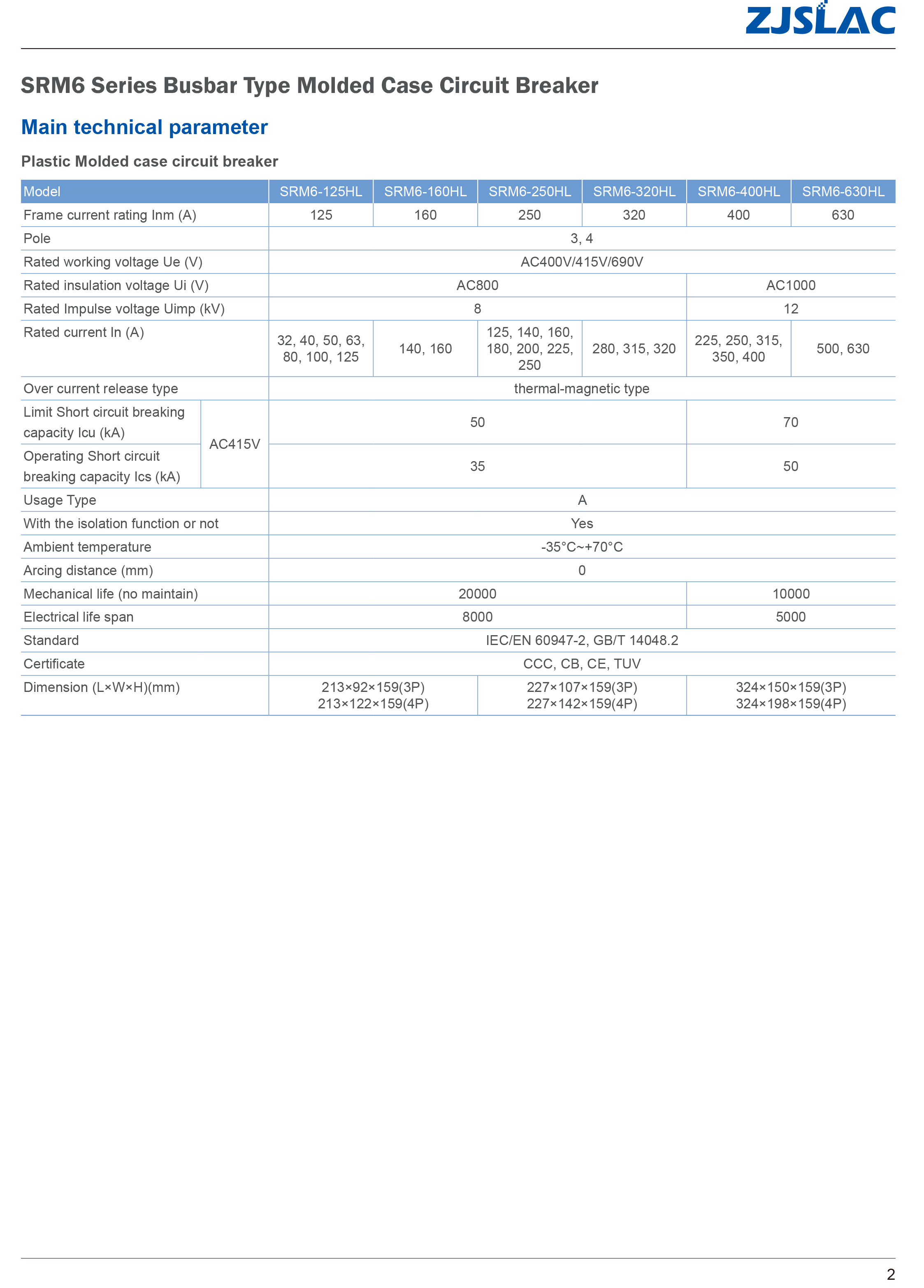 SRM6-160HL 技术指标指标